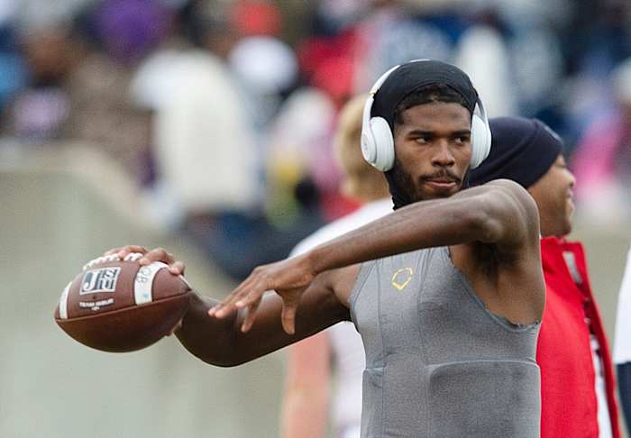 Shedeur Sanders throws in pregame warm-ups at Jackson State.